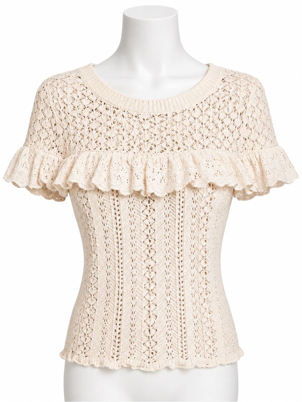 Vine & Love Cream Crochet Ruffle Knit Short Sleeve Top